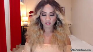 Blonde Sheboy hottie jerks big cock on solo webcam show