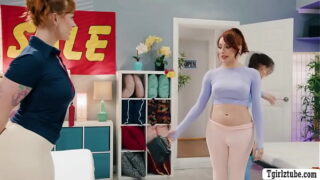 Redhead sales lady fucked by two Hot sheboy customer